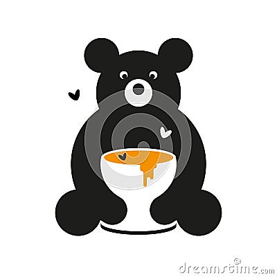 Bear with a cup of honey. Bear logo with a large barrel of honey in his hands and bees are flying around. Vector Illustration